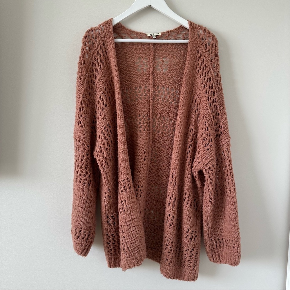 Rag Poets Slouchy Cable Knit Cardigan Oversized Open Front Mauve Pink Boho Beach